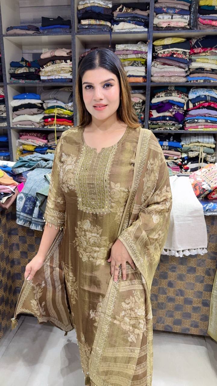 Gold silk printed suit