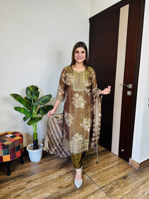 Ruchi- Shimmer Silk Floral Print with Embellished Neckline