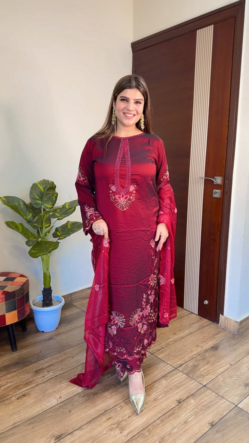 Saloni- Imported SIlk Floral Handwork Suit