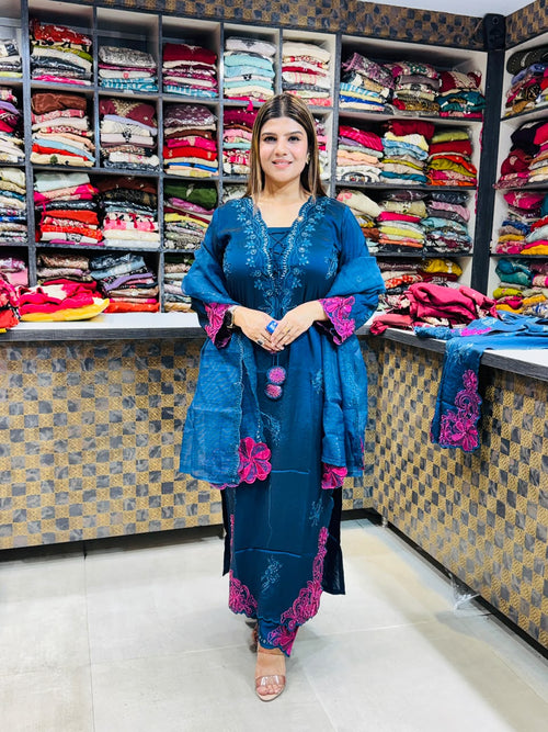 Riya- Glass Silk Cotton Floral Suit