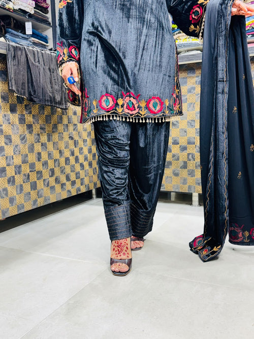 Zainab- Velvet Multicolour Floral Embroidery Suit