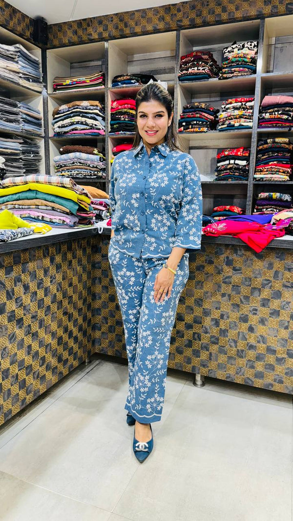 Premium Embroidered Denim Cotton Co-ord Set