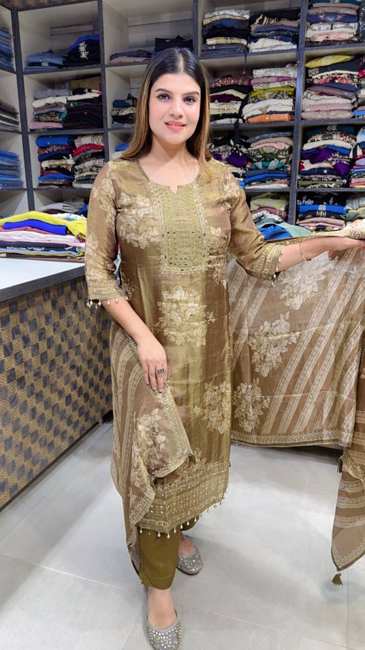 Gold silk printed suit