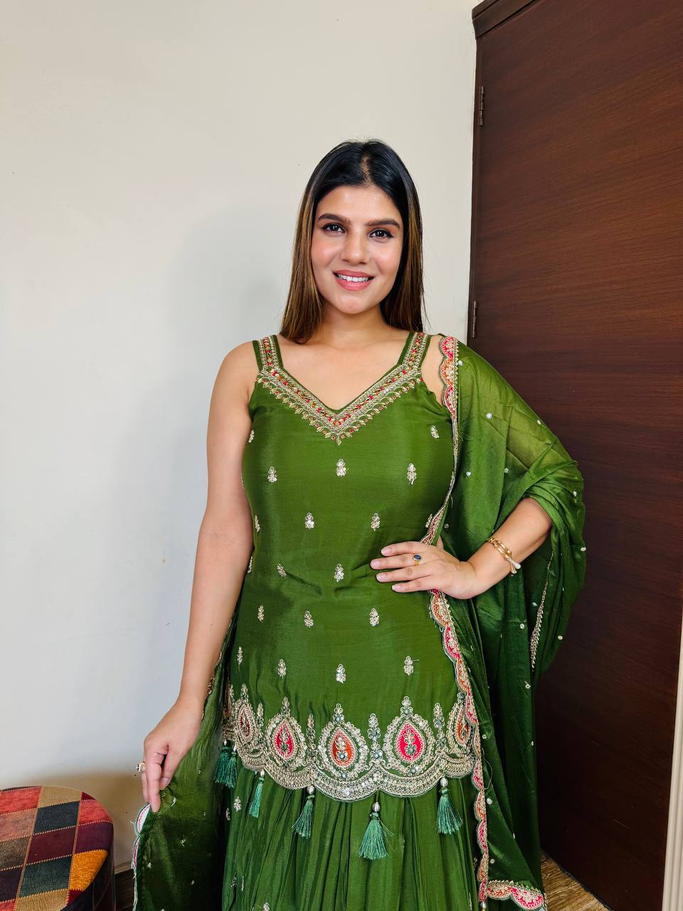 Bottal Green Chinon Skirt Suit