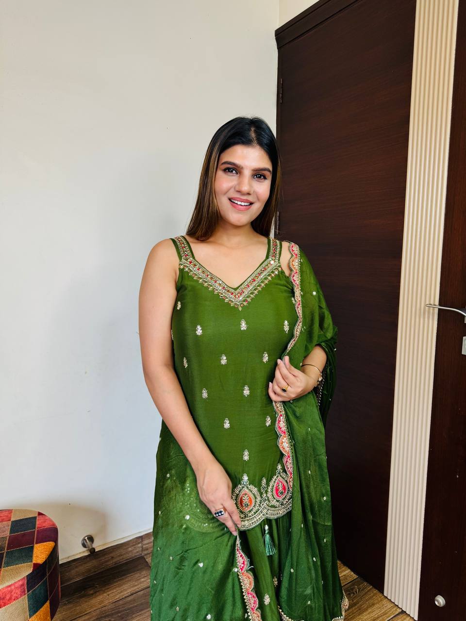 Bottal Green Chinon Skirt Suit