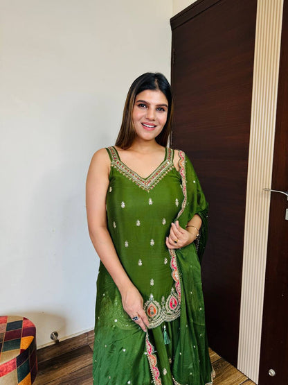 Bottal Green Chinon Skirt Suit