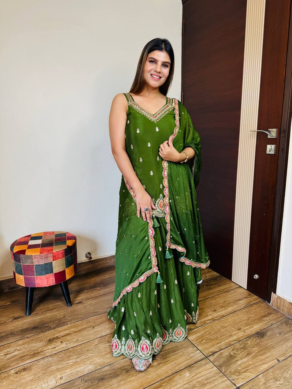 Bottal Green Chinon Skirt Suit