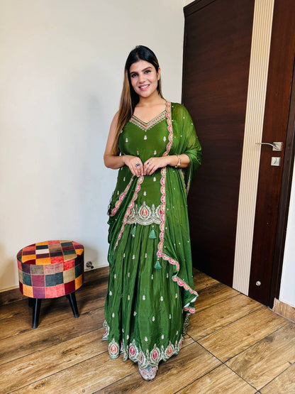 Bottal Green Chinon Skirt Suit