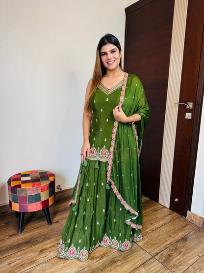 Bottal Green Chinon Skirt Suit