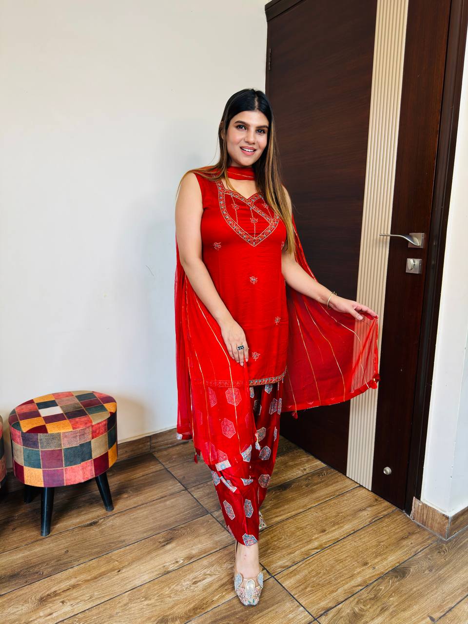 Red Gajji Silk Printed Suit