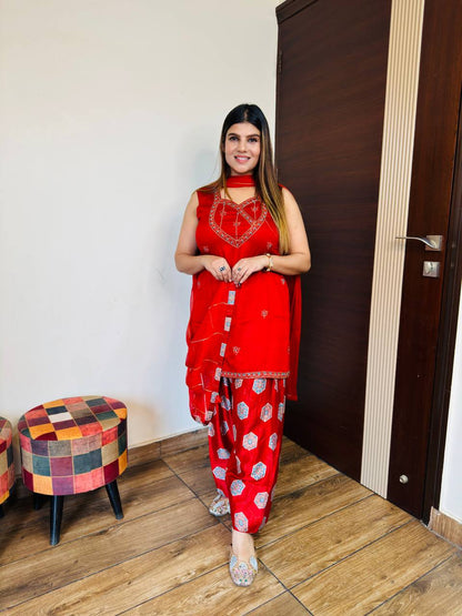 Red Gajji Silk Printed Suit