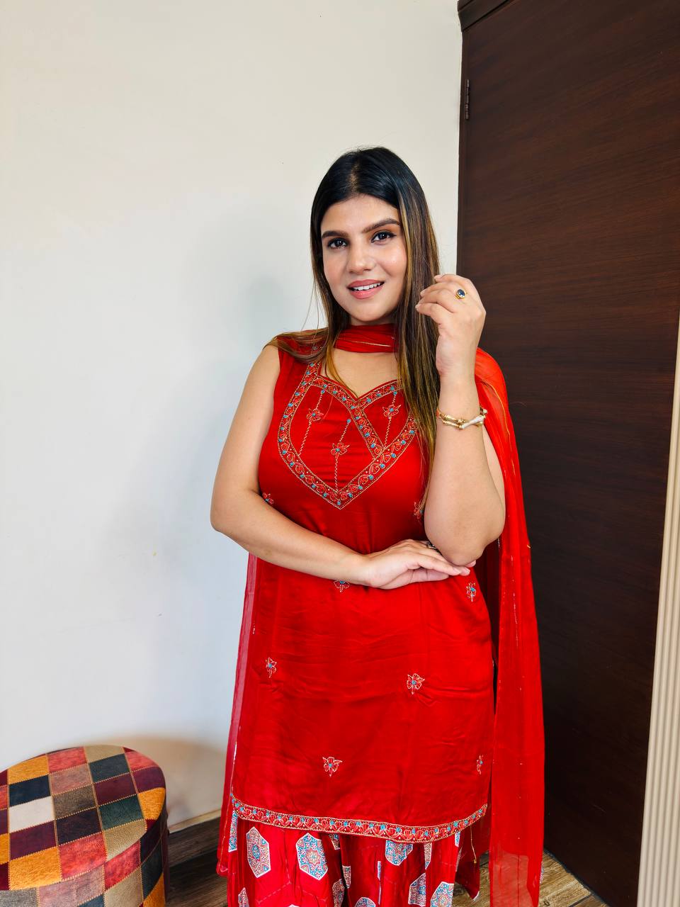 Red Gajji Silk Printed Suit