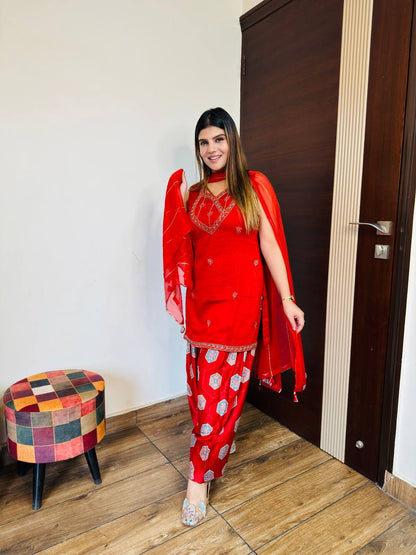 Red Gajji Silk Printed Suit