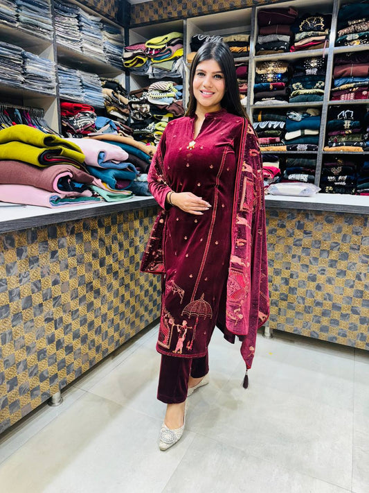 Doli: Premium Velvet Party Wear Suit with Heavy Shawl