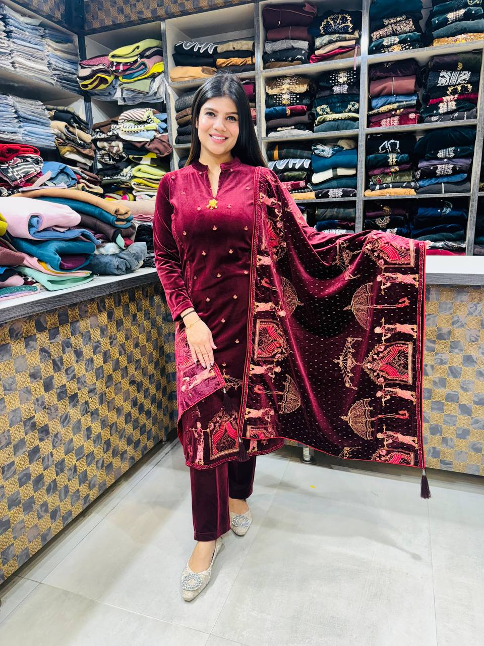 Doli: Premium Velvet Party Wear Suit with Heavy Shawl