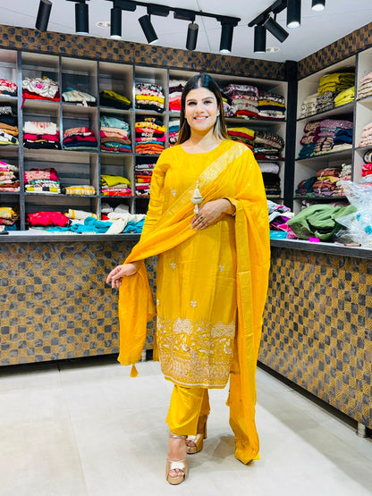 Yellow crepe suit