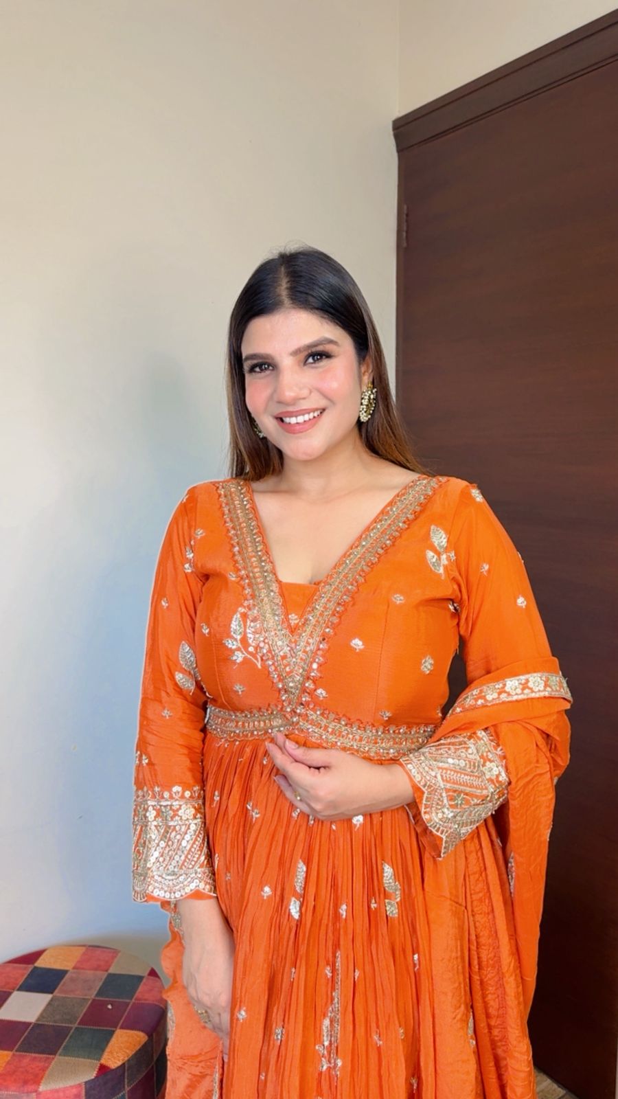 Orange Chinon Anarkali suit