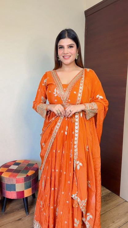 Orange Chinon Anarkali suit