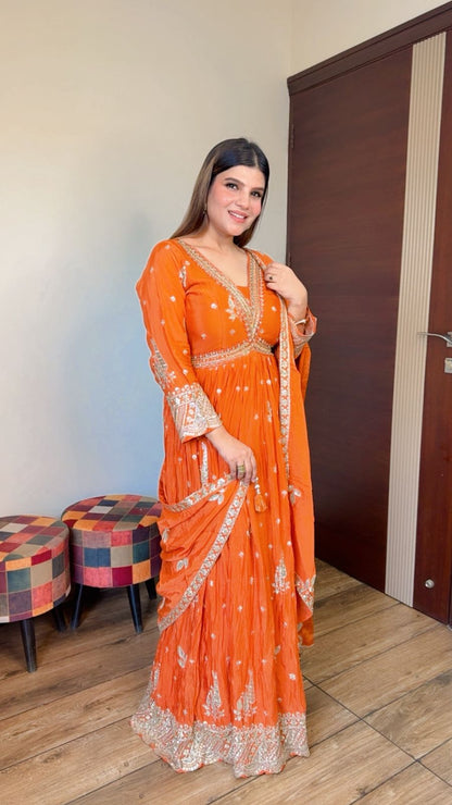 Orange Chinon Anarkali suit