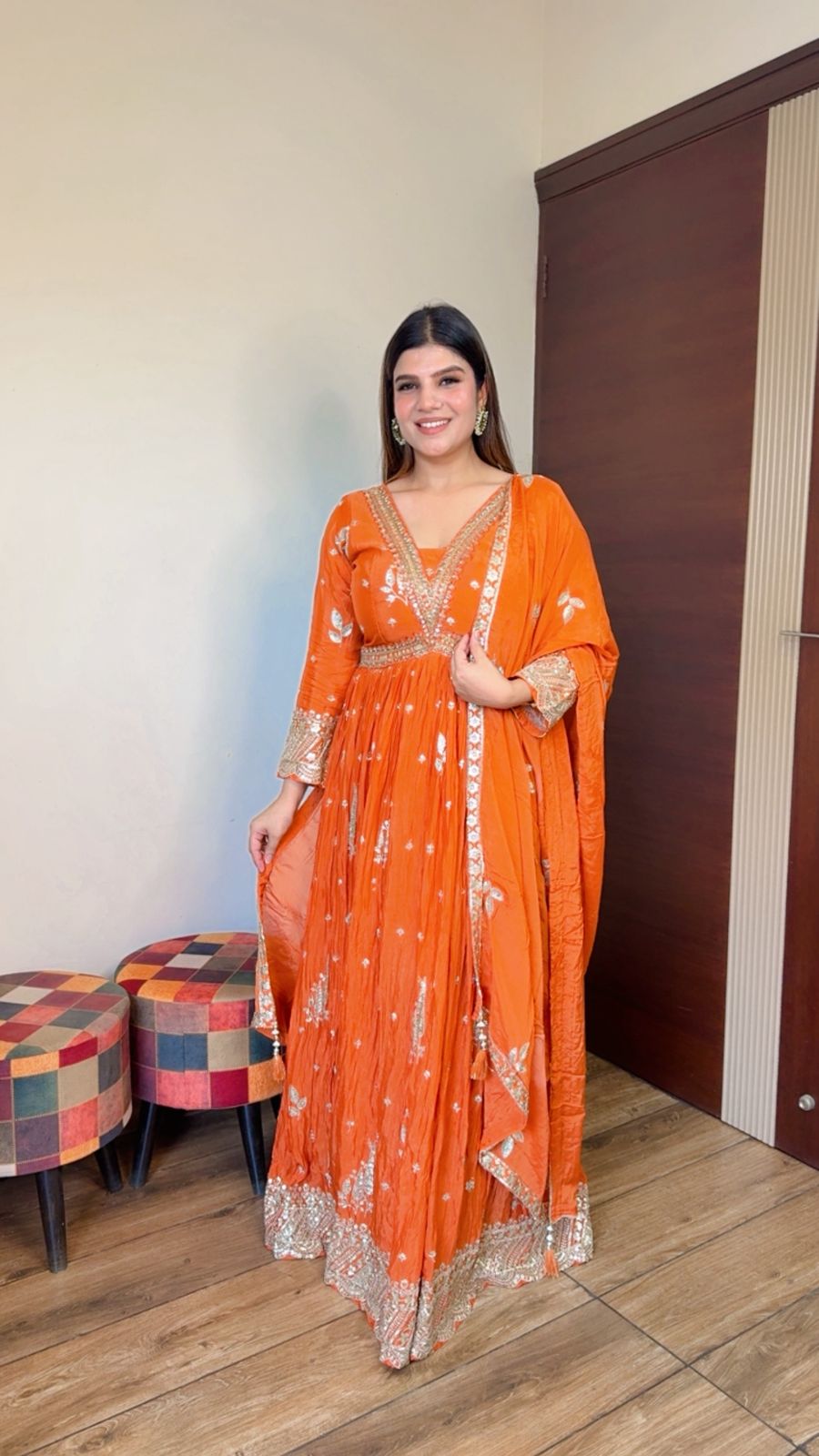 Orange Chinon Anarkali suit