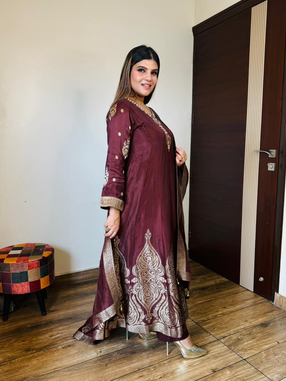 Coffee Silk Anarkali Suit