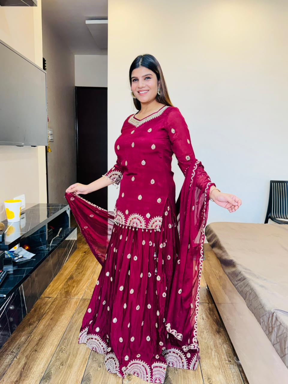 Chinon Skirt Embroidery Suit