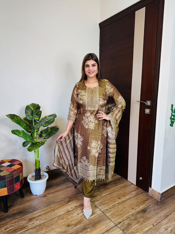 Ruchi- Shimmer Silk Floral Print with Embellished Neckline