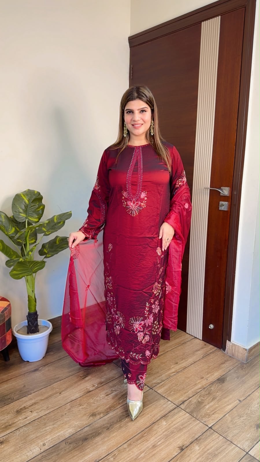 Saloni- Imported SIlk Floral Handwork Suit