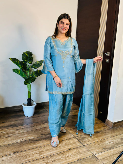 Suhayla- Shimmer silk farshi salwaar handwork suit