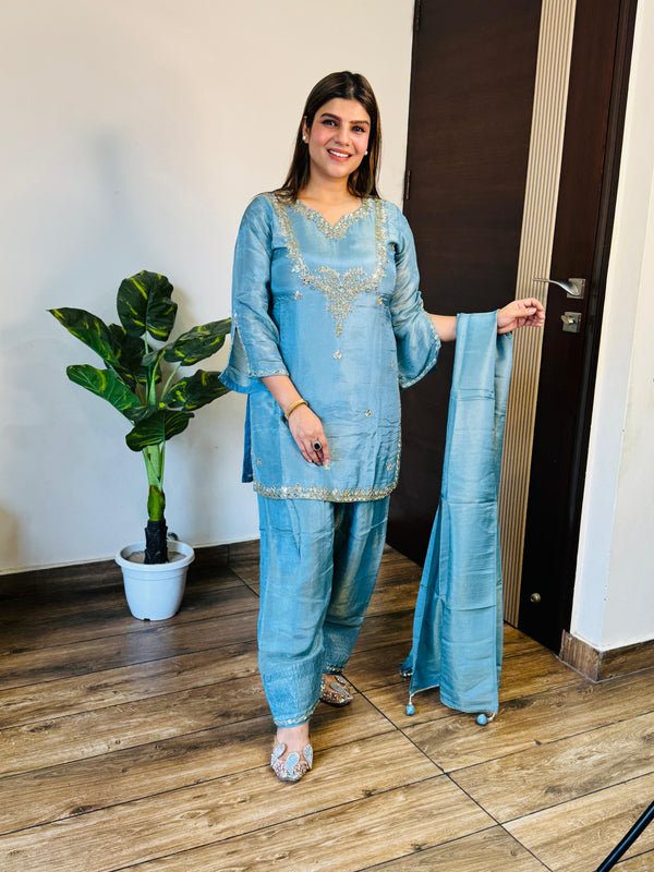 Suhayla- Shimmer silk farshi salwaar handwork suit