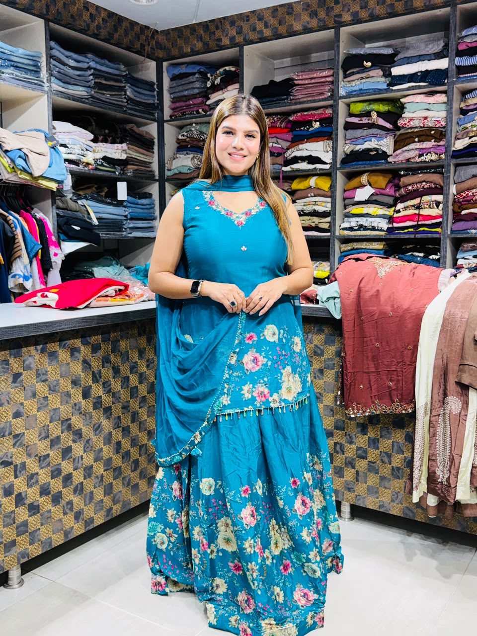 Akansha- Chinon Floral skirt suit