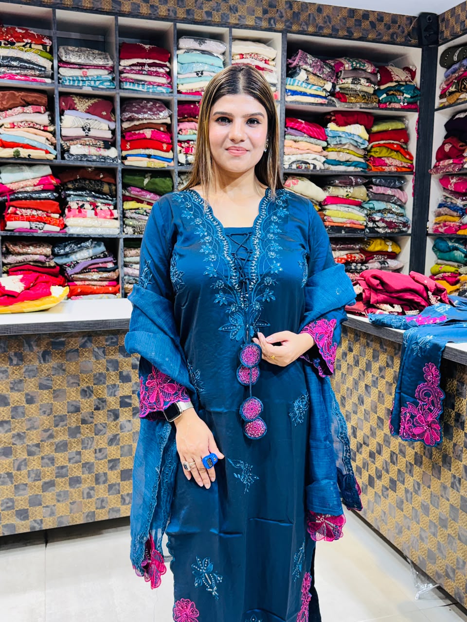 Riya- Glass Silk Cotton Floral Suit