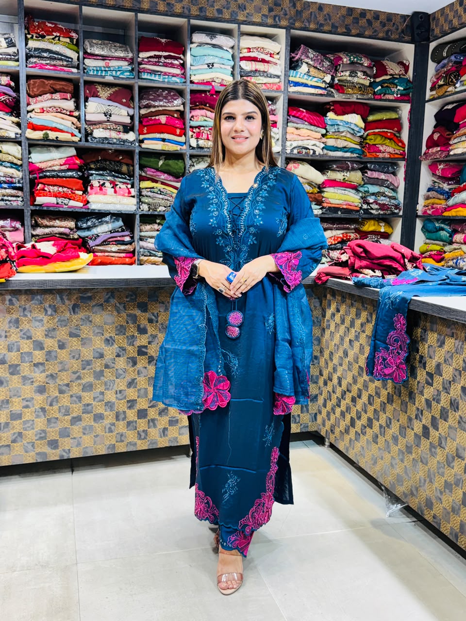 Riya- Glass Silk Cotton Floral Suit