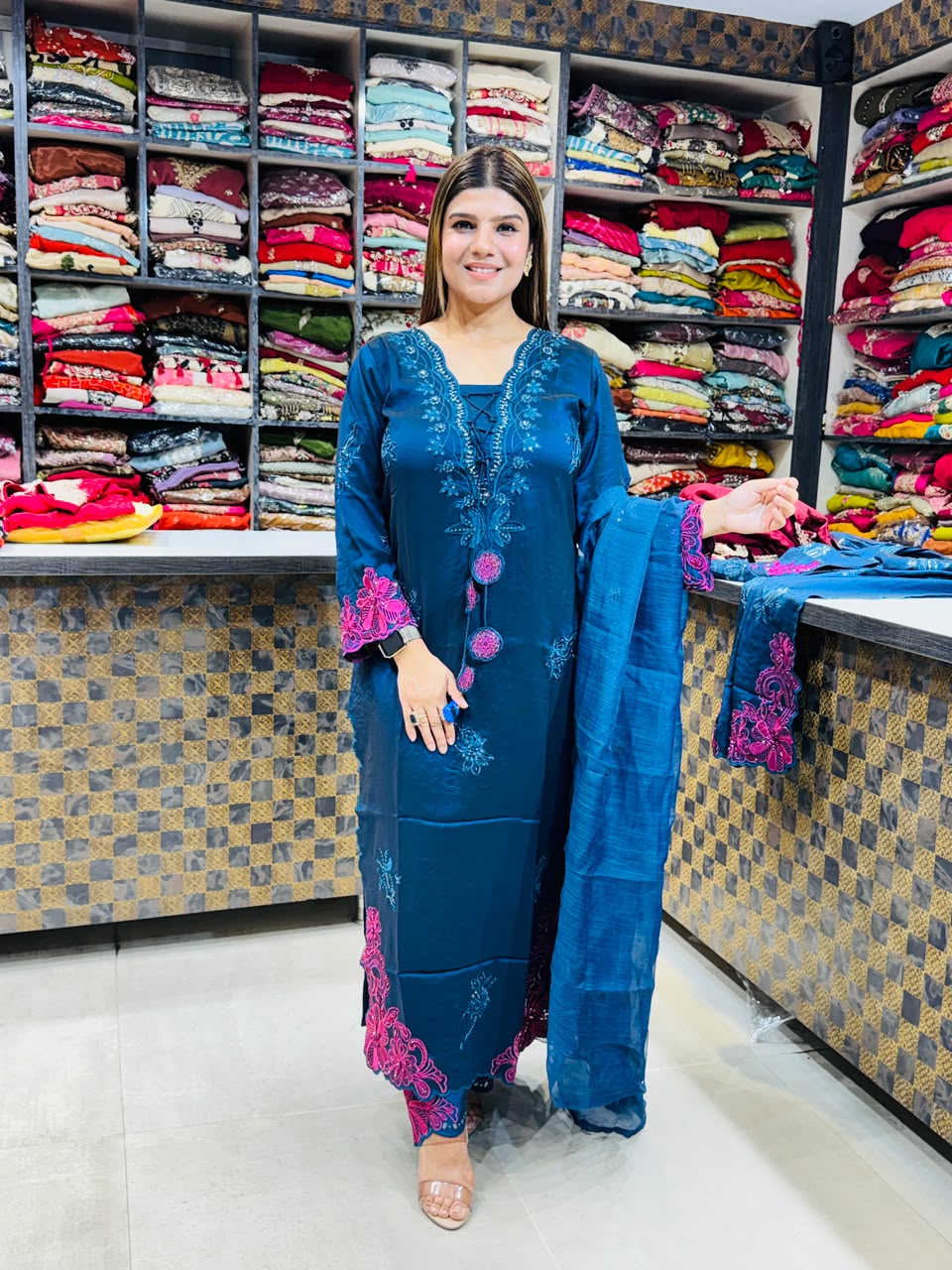 Riya- Glass Silk Cotton Floral Suit