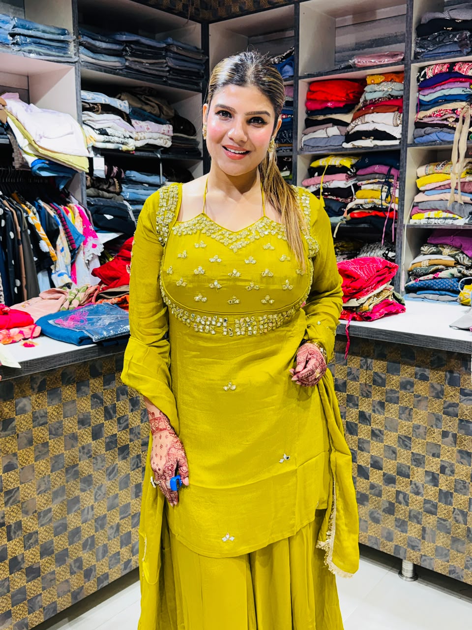 Sarah- Chinon Sharara Mirrorwork Suit