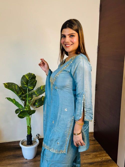 Suhayla- Shimmer silk farshi salwaar handwork suit