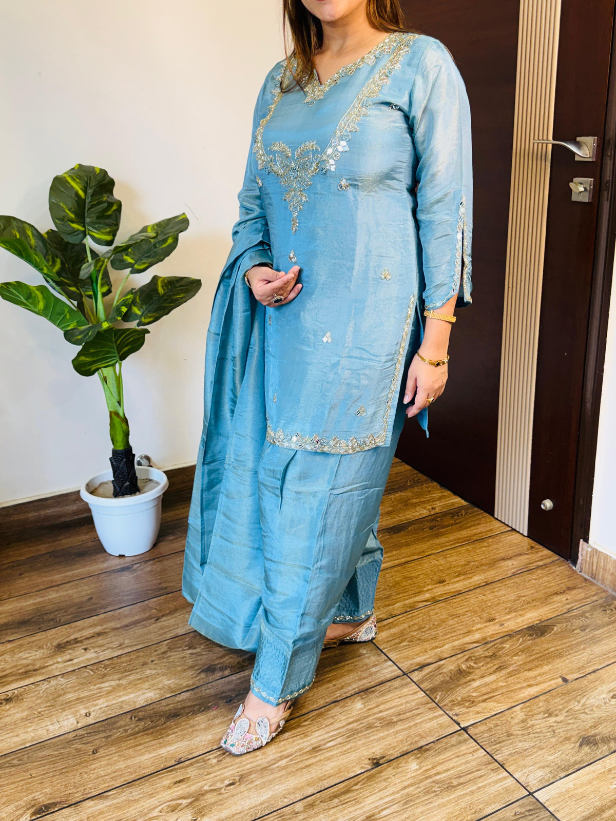 Suhayla- Shimmer silk farshi salwaar handwork suit