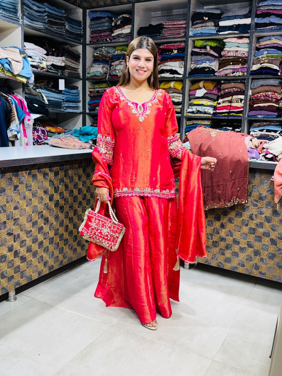 Lakshita- Shimmer silk handwork with clutch suit