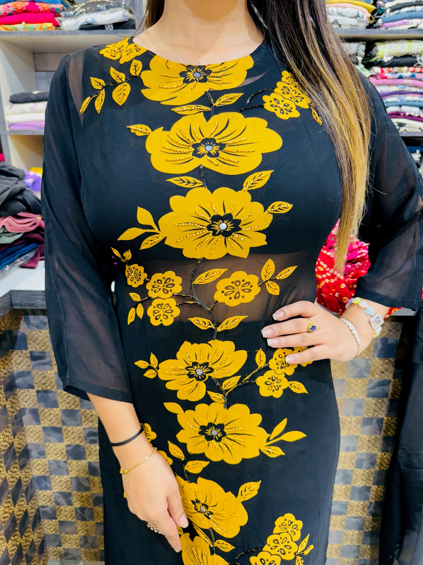 Yellow Flower With Black Contrast 3 Piece Suit